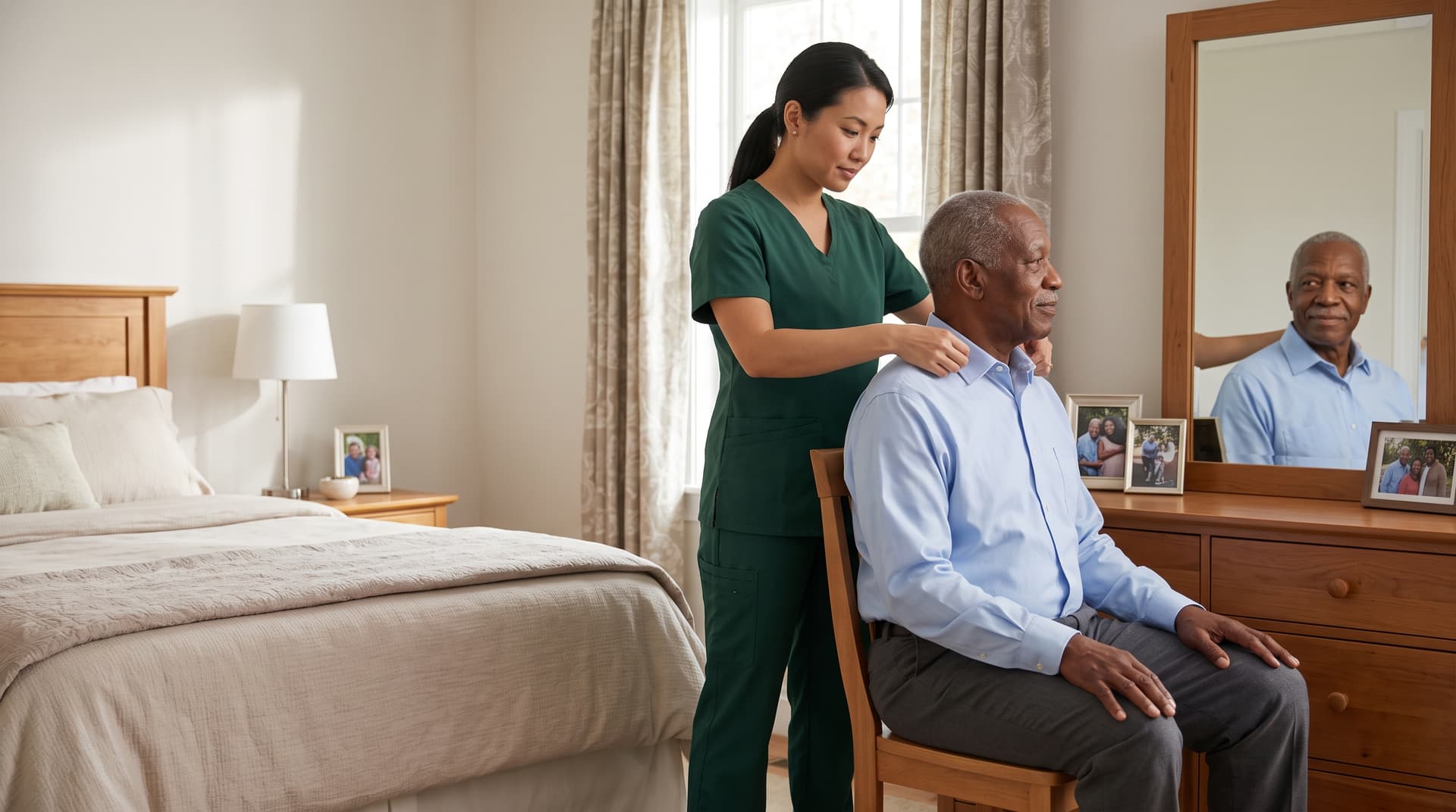 A caregiver helping a senior with personal care and daily hygiene at home.