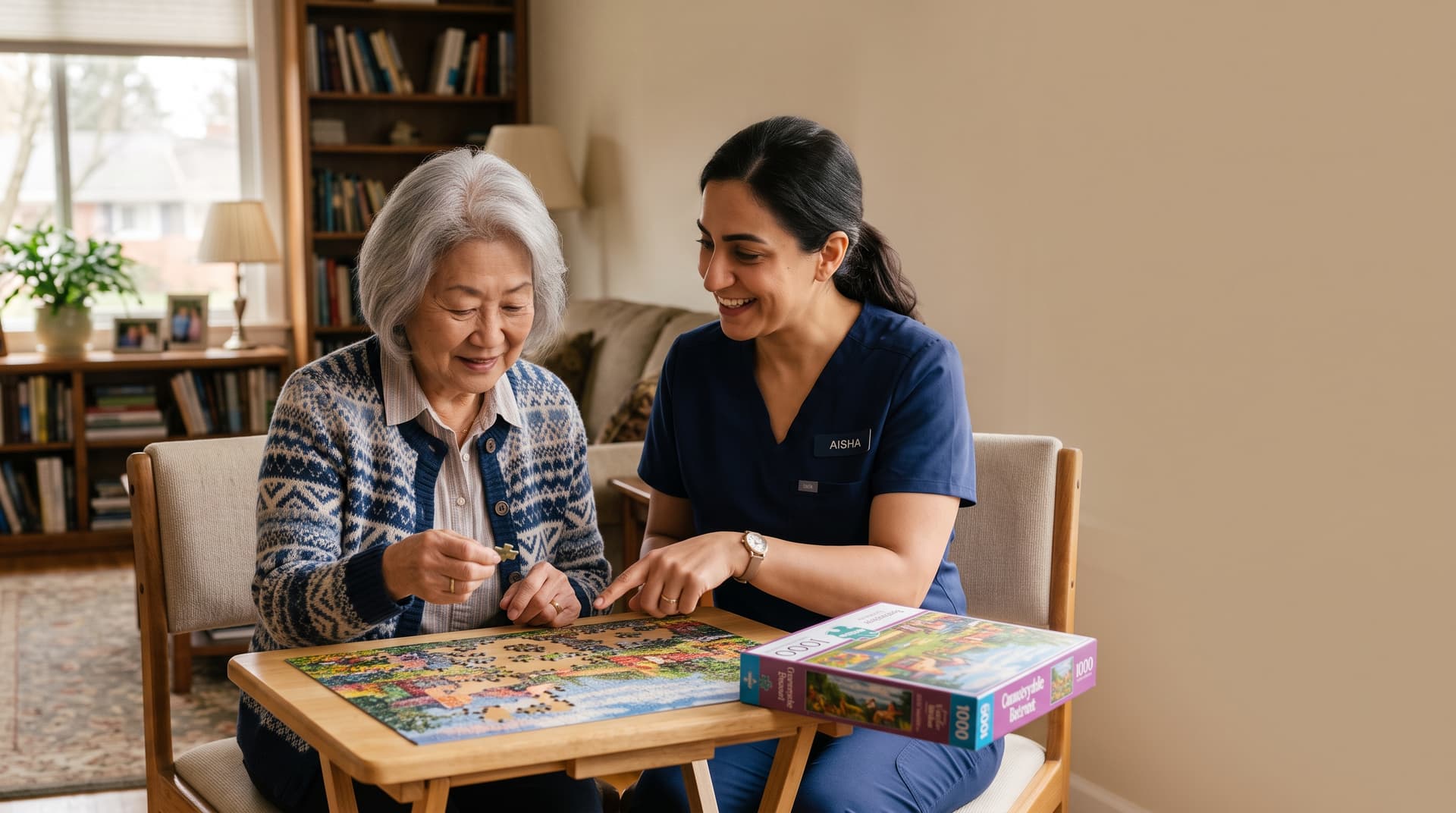 A companion caregiver sharing a warm conversation with a senior at home.