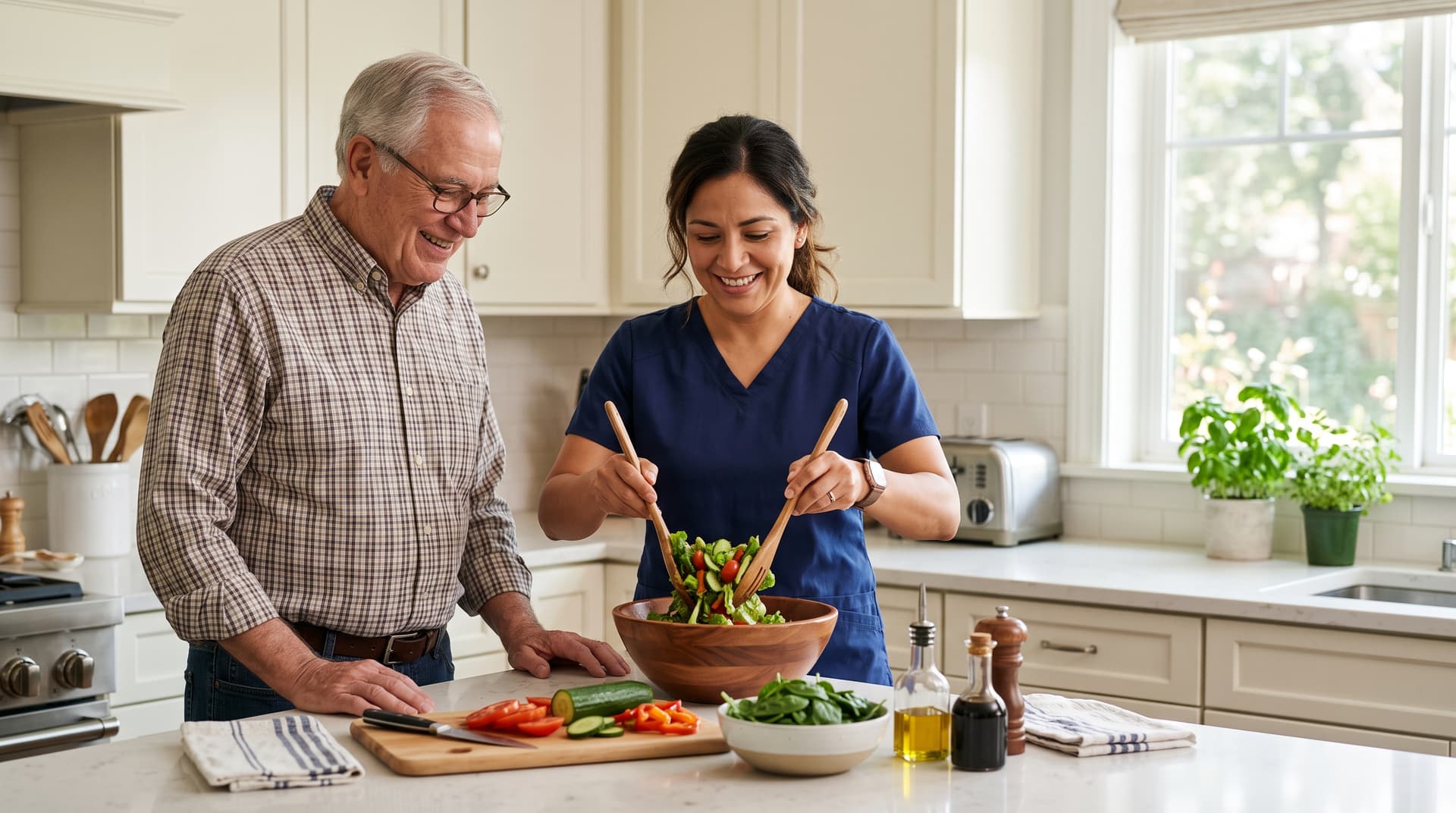 A caregiver supporting a senior with daily living and mealtime routines at home.