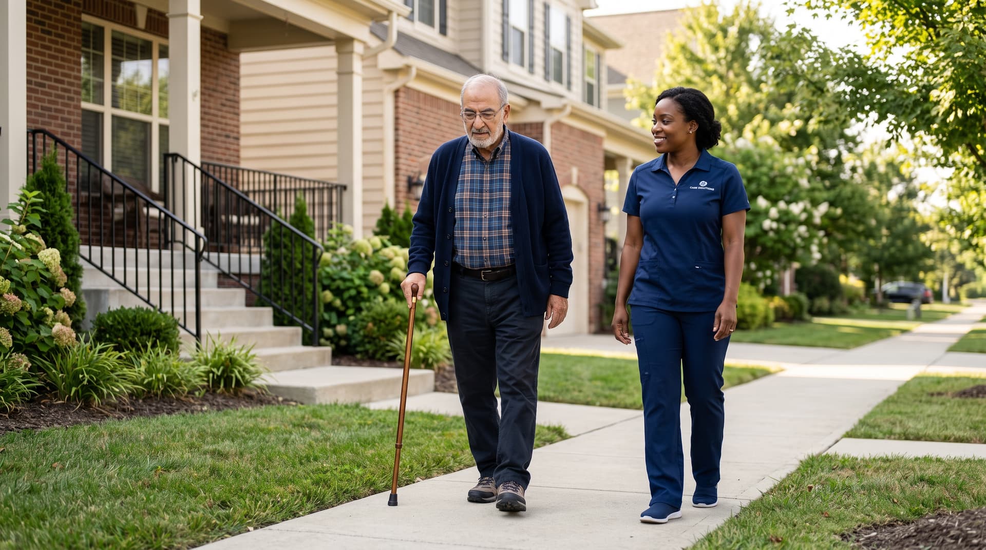 A caregiver walking alongside a senior using a mobility aid at home.