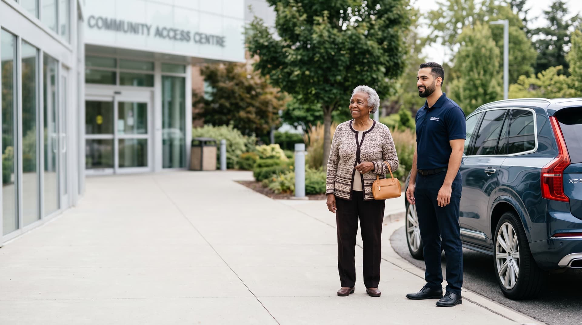 A caregiver helping a client with care-connected transportation into the community.