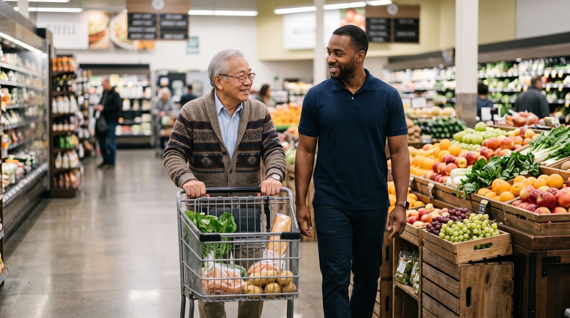 A caregiver helping with grocery shopping and essential household errands.