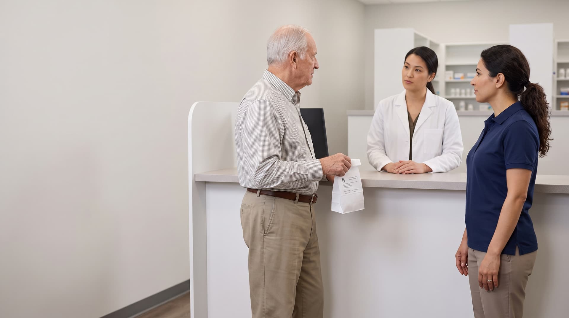 A caregiver helping a client with a pharmacy stop and medication reminder routine.